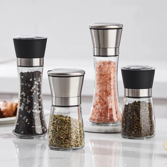 Salz- und Pfeffermühle aus Edelstahl mit verstellbarer Gewürzmühle aus Keramik mit Salzstreuer aus Glas
